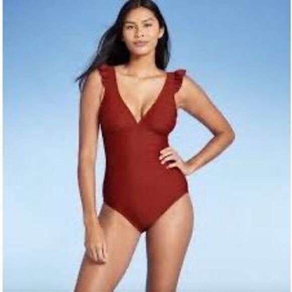 Kona Sol Women’s Size Large One Piece Ruffle Shoulder High Coverage Swimsuit - Picture 1 of 7